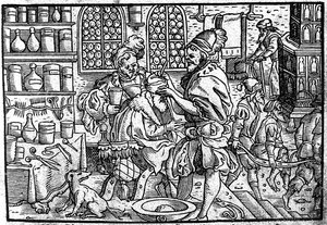 Operation am Kopf eines Mannes. Aus: Die große Wundarzney von Theophrastus Bombastus von Hohenheim, 1562