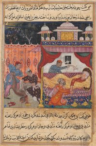 Seite aus Geschichten eines Papageis Tuti-nama: Fünfte Nacht: Der Affe getötet, sein Blut..., ca. 1560