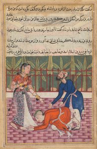 Seite aus den Geschichten eines Papageis Tuti-nama: Fünfzigste Nacht: Der Wächter stellt den Sohn wieder her, ca. 1560 von Unbekannt