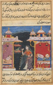Seite aus Geschichten eines Papageis Tuti-nama: Siebte Nacht: Der Papagei spricht Khujasta an..., ca. 1560 von Unbekannt