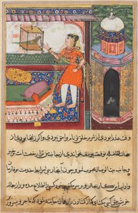 Seite aus Geschichten eines Papageis Tuti-nama: Zehnte Nacht: Der Papagei spricht zu Khujasta..., ca. 1560