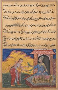 Seite aus den Geschichten eines Papageis Tuti-nama: Zehnte Nacht: Die Frau des Wesirs schickt die Magie..., um 1560