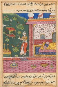 Seite aus Geschichten eines Papageis Tuti-nama: Dreißigste Nacht: Der Papagei spricht zu Khujasta..., ca. 1560