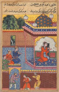 Seite aus den Geschichten eines Papageis Tuti-nama: Zweiunddreißigste Nacht: Kaiwan, Latif und Sharif..., um 1560