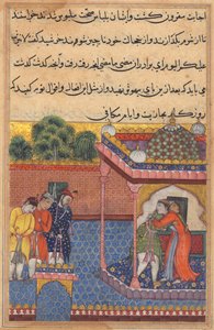 Seite aus Geschichten eines Papageis Tuti-nama: Zweiunddreißigste Nacht: Khurshid wiedervereint..., ca. 1560
