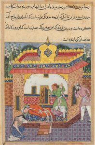 Seite aus Geschichten eines Papageis Tuti-nama: Zweiunddreißigste Nacht: Latif, der gemordet hat..., um 1560