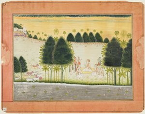 Seite aus einem Bhagavata Purana: Nanda und die Ältesten im Rat mit den Gopas, ca. 1690-1700 von Unbekannt