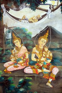 Gemälde, das die Lebensgeschichte von Shakyamuni Buddha darstellt. Wat Naxai. Vientiane. Laos