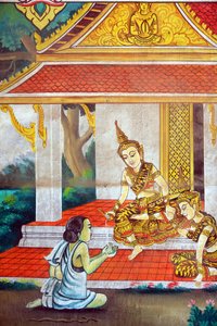 Gemälde, das die Lebensgeschichte von Shakyamuni Buddha darstellt. Wat Naxai. Vientiane. Laos, 20151106, Vientiane, Laos