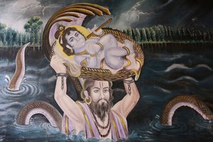 Gemälde in Gokul: Krishna als Baby, das von Vasudeva über den Yamuna-Fluss getragen wird. Indien von Unbekannt