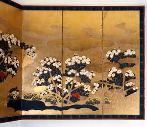 Paar von Paravents mit 6 Paneelen mit Goldhintergrund, Edo-Periode, Japanisch