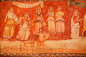 Pharao und die Kindheit des Moses, Fresko aus der Synagoge von Dura-Europos, 244-245, im Nationalmuseum von Damaskus, Foto im Jüdischen Museum New York