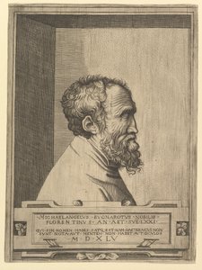 Porträt von Michelangelo im Profil nach rechts, in einer Nische, 1545