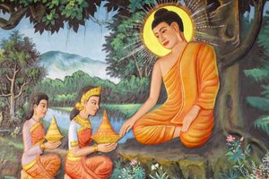 Preah Prom Rath Kloster: Leben Buddhas: Die Entsagung: Eines Morgens bot ein Mädchen namens Sujata Siddhartha köstlichen Milchreisbrei an, Siem Reap, Kambodscha