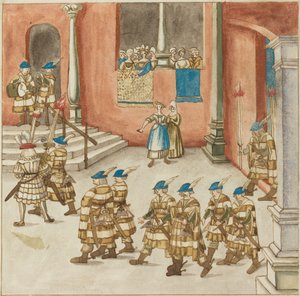 Prozession von Rittern, beobachtet von Damen auf einem Balkon, ca. 1515