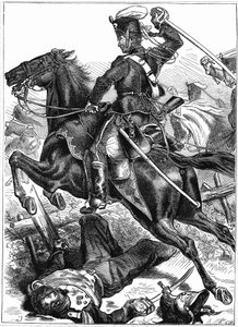 Preußischer Husar, der mit gezogenem Schwert angreift, Deutsch-Französischer Krieg 1870-1871