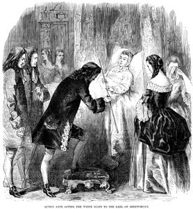 Königin Anne 1665-1714 übergibt den weißen Stab an den Earl of Shrewsbury, ca. 1714 von Unbekannt