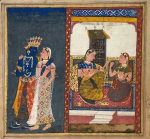 Radha und Krishna umarmend, Blatt aus einem Gita Govinda, ca. 1650