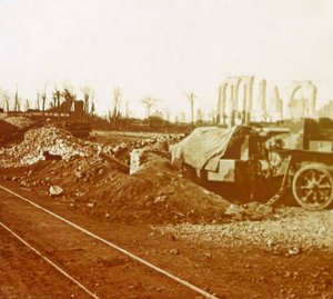 Eisenbahnlinien im Dorf Noordschote, Flandern, Belgien, ca. 1914-1918