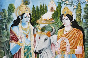 Rama, Sita und heilige Kuh. Rama ist die 7. Reinkarnation von Vishnu. Pashupatinah, Kathmandu, Nepal