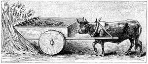 Rekonstruktion einer Erntemaschine, die im antiken Gallien zur Römerzeit verwendet wurde, wie von Plinius beschrieben, ca. 1890