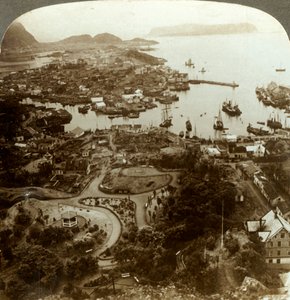 Wiederaufbau einer verbrannten Stadt - Aalesund, ein Inselhafen und wichtiger Kabeljau-Markt, Norwegen, ca. 1905