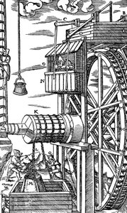Umkehrbarer Aufzug zum Heben von Lederkübeln aus einem Minenschacht, 1556