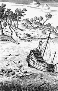 Robinson Crusoe rettet seine Güter aus dem Schiffswrack, um 1719