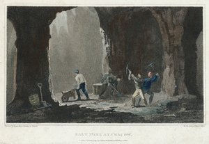 Steinsalz: Bergleute bei der Arbeit in einer Salzmine bei Krakau, Polen, um 1820 von Unbekannt