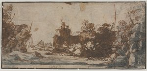 Felsige Bucht mit Booten und Gebäuden recto, 1600er