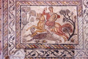 Römisches Mosaik eines Reiters, der einen Leoparden jagt, Merida, Spanien, ca. 2.-3. Jahrhundert