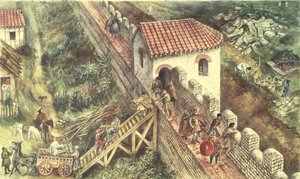 Römisches Bollwerk an der Stadtmauer, London, 4. Jahrhundert von Unbekannt