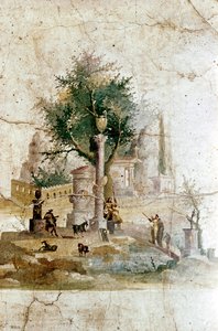 Römische Wandmalerei einer mythischen Landschaft, Villa des Agrippa Postumus, nahe Pompeji, Italien von Unbekannt