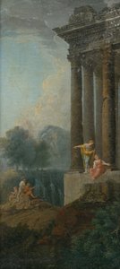 Romantische Landschaft mit antiker Ruine und Staffage