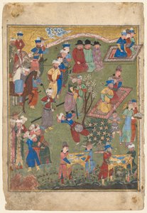 Königliches Fest in einem Garten recto aus dem doppelseitigen Frontispiz eines Shahnama..., 1444