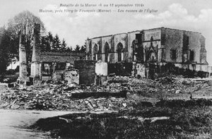 Zerstörte Kirche, Huiron, Frankreich, Schlacht an der Marne, Erster Weltkrieg, 1914