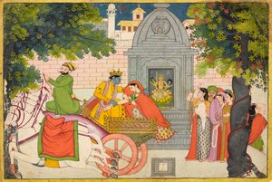 Rukmini flieht mit Krishna, Folio aus einem Bhagavata Purana, ca. 1780