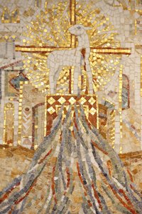 Abteibasilika Saint-Maurice, Mosaik von Madeleine Diener. Das Lamm Gottes und 7 Kanäle, die die Schöpfung symbolisieren, Saint-Maurice, Schweiz