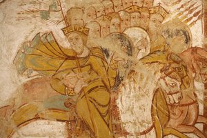 Malerei der Abtei Saint-Savin: Könige, die von Abraham und seinen Anhängern angegriffen werden, Saint-Savin-sur-Gartempe, Frankreich