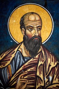 Heiliger Paulus: Byzantinisches Fresko aus dem 14. Jahrhundert (1332) Narthex, Südwand der Phorbiotissa-Jungfrauenkirche, Asinou UNESCO-Stätte, Troodos-Region, Zypern.