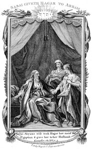 Sarah, Abrahams Frau, bietet Hagar, ihre Magd, ihrem Mann an, da sie unfruchtbar ist, um 1804 von Unbekannt