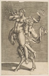 Satyr trägt eine Nymphe und hält ihren rechten Arm fest