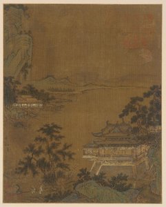 Gelehrter kommt an einem Pavillon am Flussufer an, Ming-Dynastie