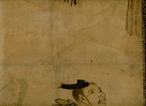 Auf Rollbild montierte Malerei, die ein traditionelles japanisches 2-Mann-Komödianten-Team namens Manzai darstellt