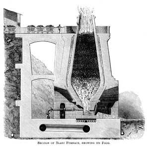 Abschnitt eines Hochofens, der seine Nahrung zeigt, um 1880