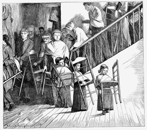Shaker-Gemeinschaft geht zum Abendessen, jeder trägt seinen eigenen Shaker-Stuhl, New York, 1870