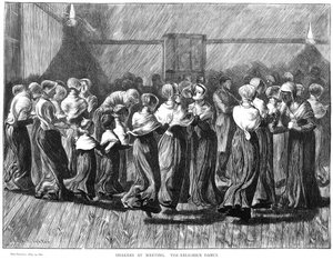 Shaker, die bei einem Treffen tanzen, Lebanon Springs, New York, USA, 1870