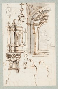 Skizzen eines Altars, eines Kapellenabschnitts, eines Kapitells und Profile von Gesimsen