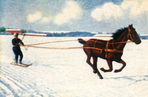 Skijöring in Schweden, um 1928