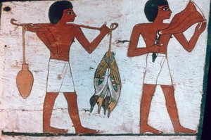 Sklaven tragen Opfergaben zu Osiris, Sarkophag der Dame von Madja, 18. Dynastie von Unbekannt